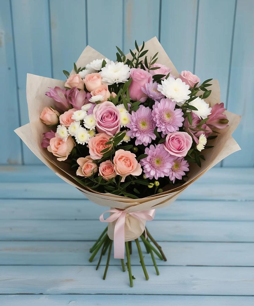 Букет цветов из: Хризантемы, Розы и Альстромерии в Троицком