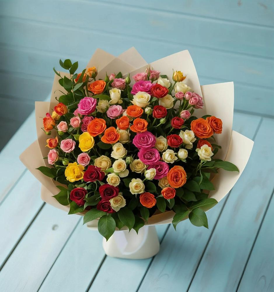 Букет Микс из разноцветных кустовых роз в Троицком