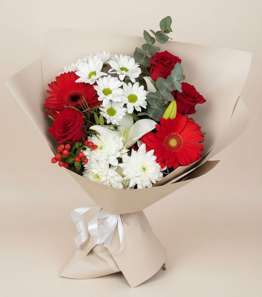 Букет цветов из: Розы, Хризантемы, Герберы и Лилии в Троицком