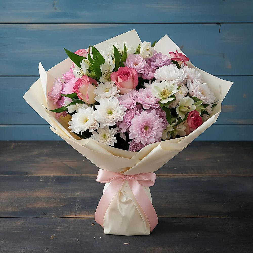 Букет цветов из: Хризантемы, Альстромерии и Розы в Троицком